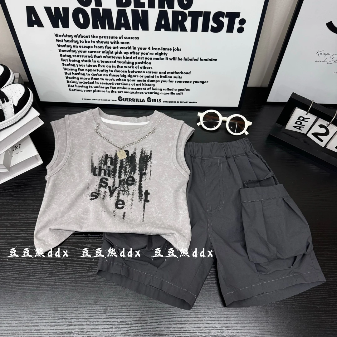 儿童夏装新款男童无袖T恤痞帅卡通小背心中小童工装短裤两件套潮