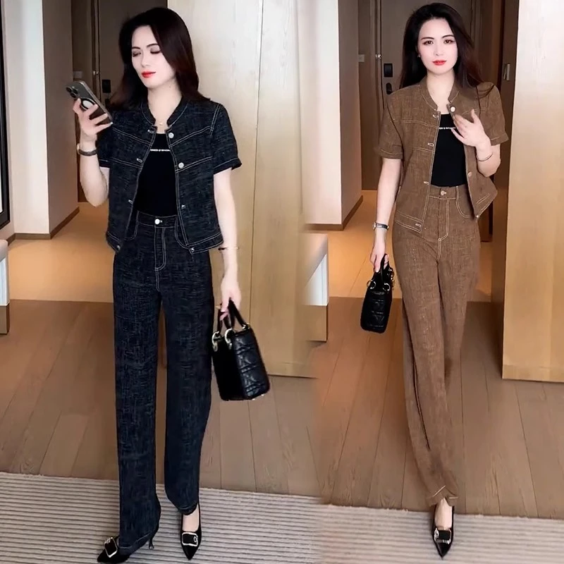 时尚休闲套装女夏季新款洋气质显瘦牛仔短袖上衣高腰阔腿裤两件套