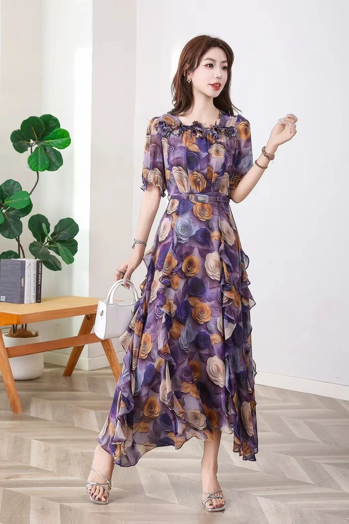 新款中袖碎花雪纺连衣裙春秋季女款修身显瘦高级感裙子