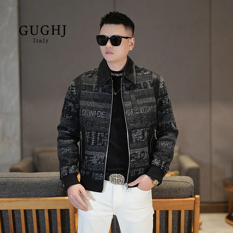 冬季新款轻奢潮流重工字母提花山羊皮拼接白鹅绒真皮男士夹克外套