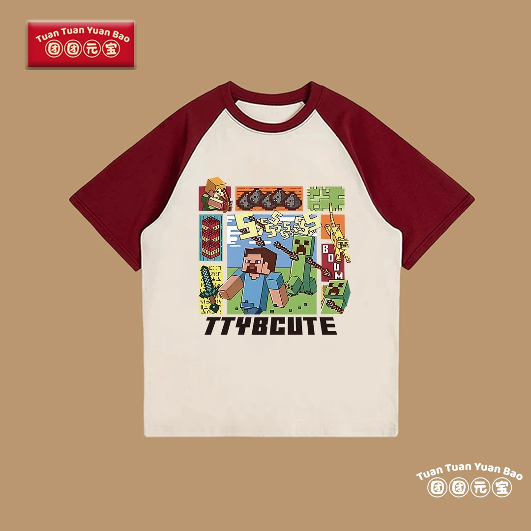 我的世界儿童100%纯棉夏季春秋短袖T恤上衣男女童中大童小童学生