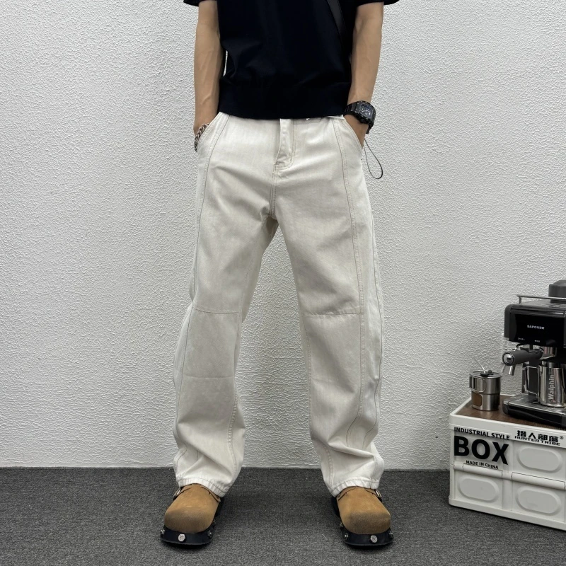 纯色简约百搭宽松弯刀水洗牛仔裤新款男士男士浅蓝宽松弯刀牛仔裤