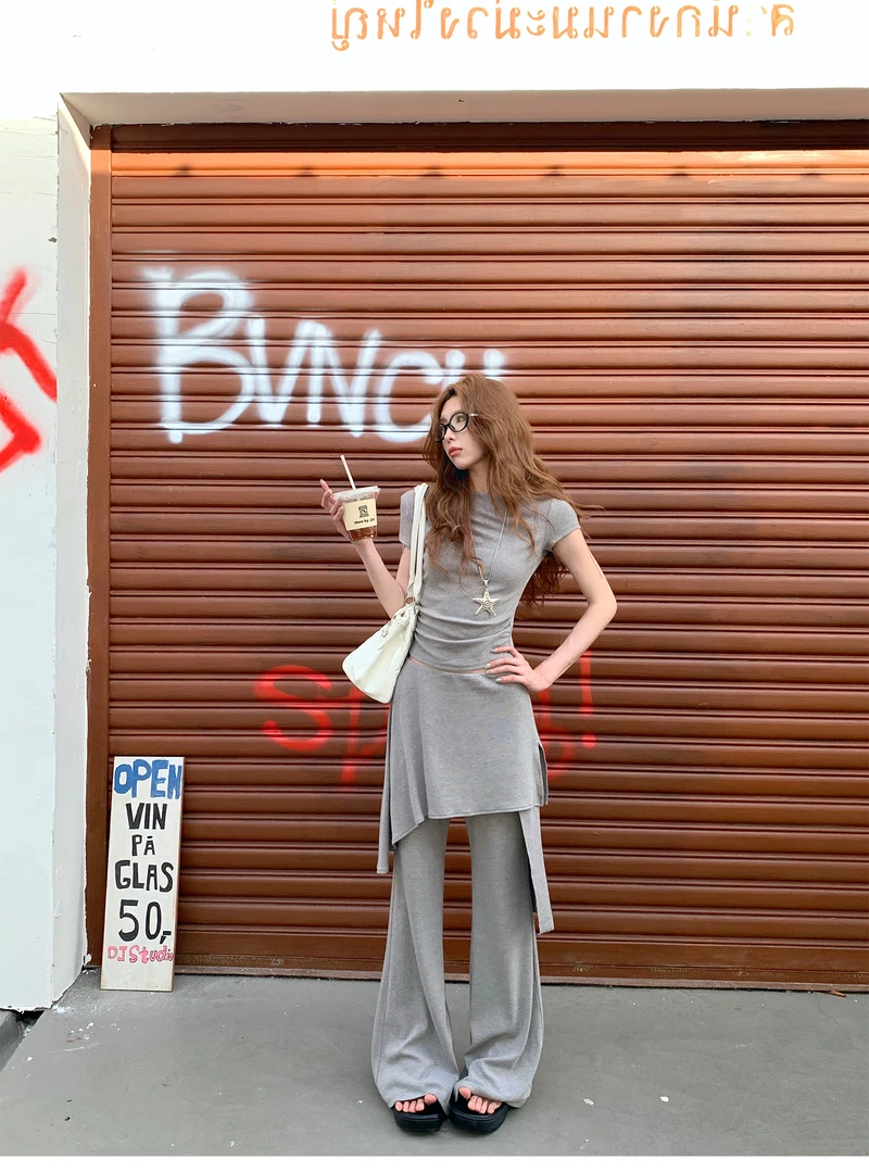 kumikumi时尚套装基础款纯色短袖T恤女夏季小众高腰休闲裤两件套