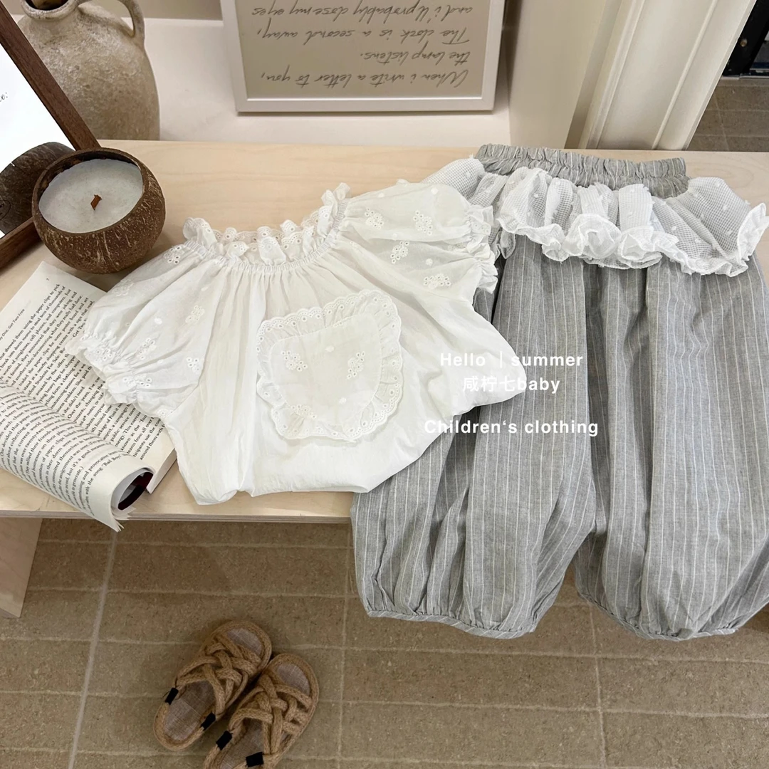 【店铺热销】童装女童夏装韩版时髦套装2025儿童新款衬衫哈伦裤两