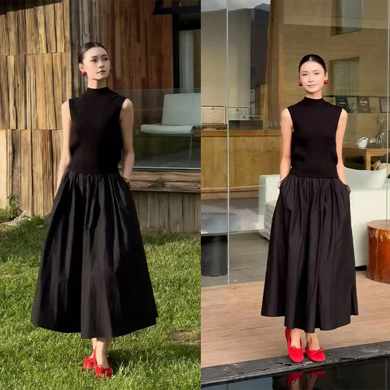 2025夏季法式休闲风时尚套装小众无袖黑色显瘦背心气质高腰半身裙