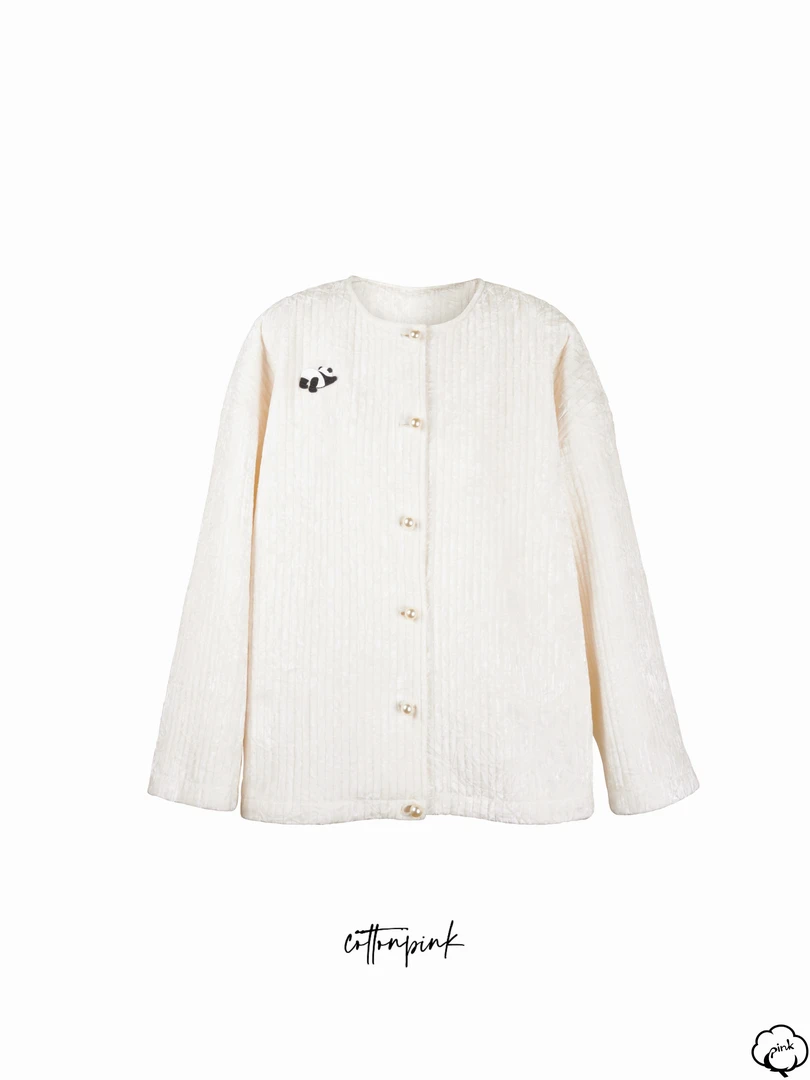 COTTONPINK女装圆领条纹秋冬保暖珍珠扣外套女