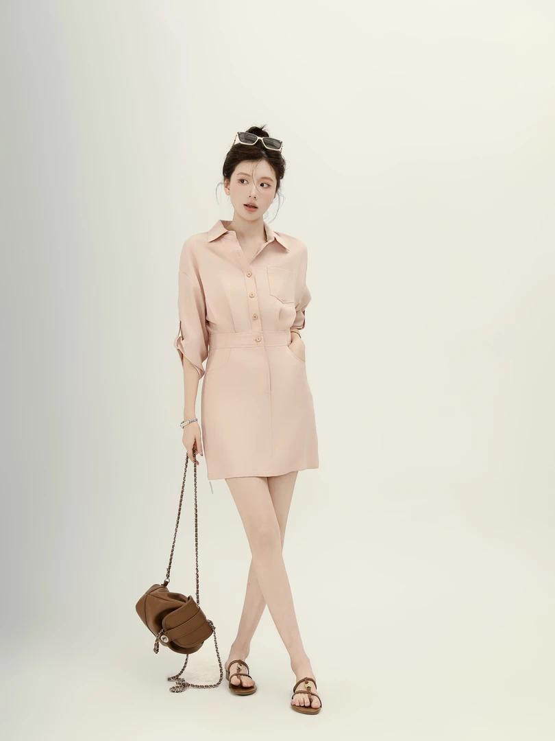 【芝士cheese】海岛假日凉凉莱赛尔修身时尚短款法式衬衫连衣裙