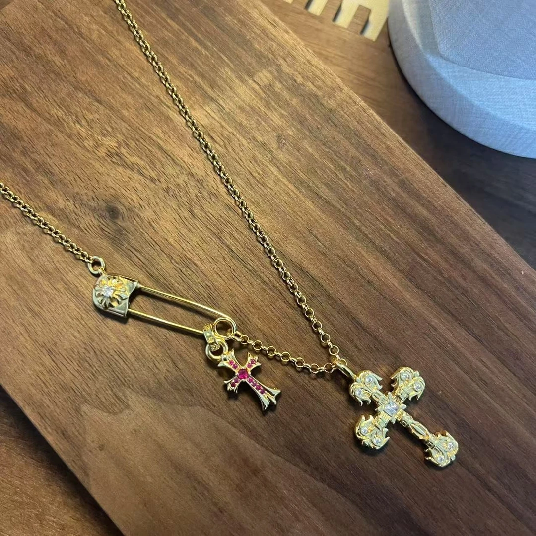 铜合金合成锆石项链 【火焰别针】十字架男女潮流高级感小众CC