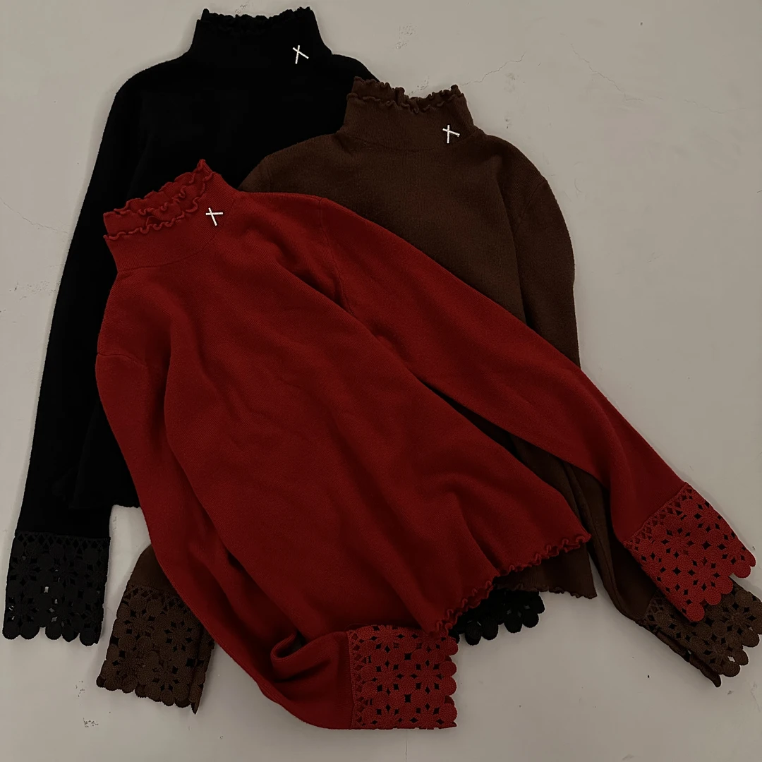 MeiQi 外贸单！双层木耳边烫钻装饰套头针织衫秋冬百搭毛衣A4079