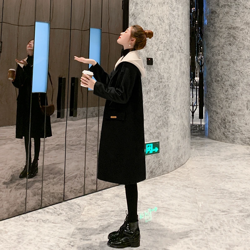 双面羊绒大衣女2025新款秋冬假俩件撞色连帽呢大衣中长款毛呢外套