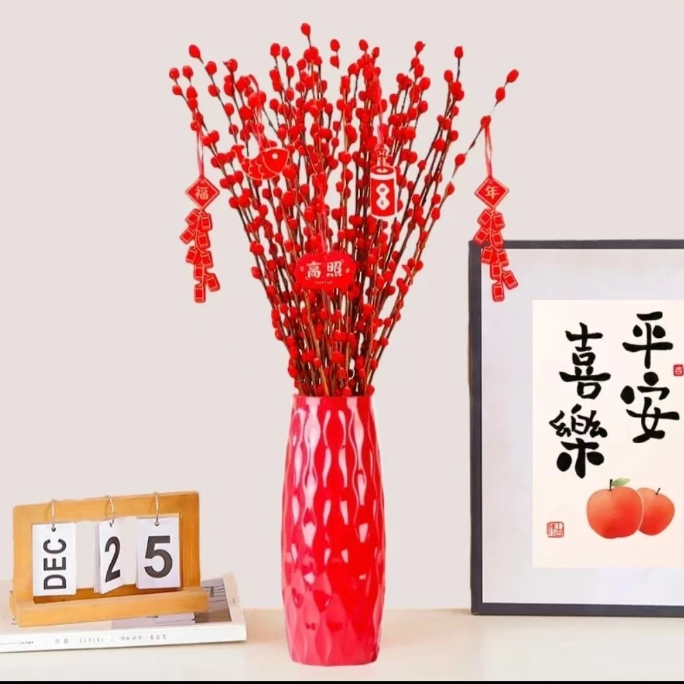 【20支银柳带花瓶】招财银柳真花鲜枝水培植物干花喜庆红色室内客厅