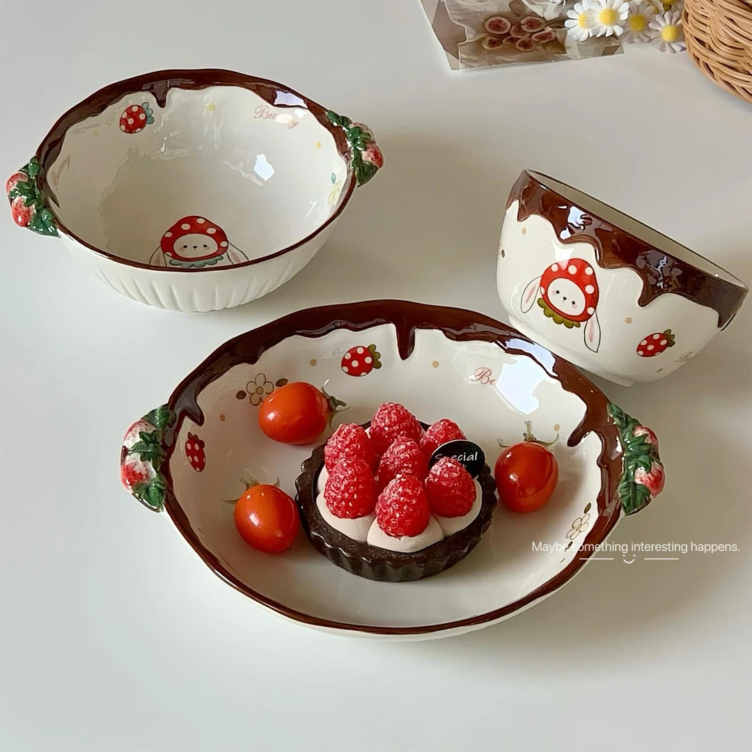 可爱卡通陶瓷甜品碗可爱双耳沙拉碗家用饭碗早餐碗创意个性酸奶碗