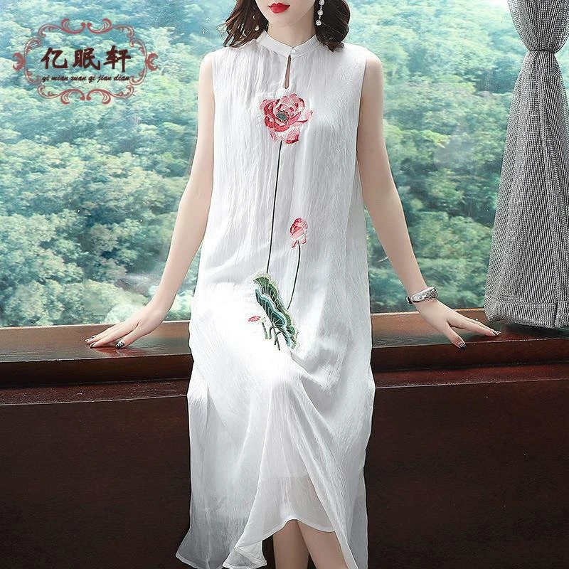 哥家正品同款女款国风气质刺绣阔太太中式式无袖背心雪纺连衣裙