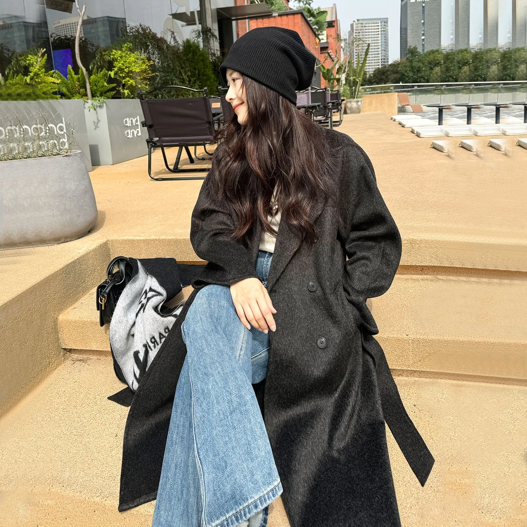 高级感深灰色双面呢大衣女2025冬季款系腰带中长款慵懒风毛呢外套