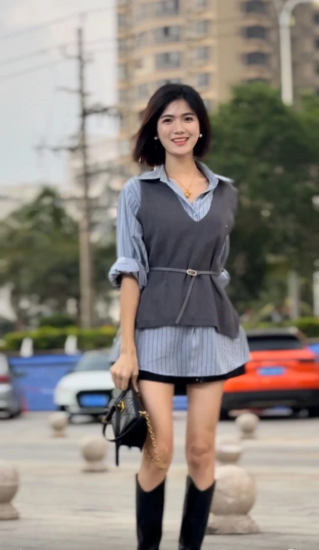 港风复古拼色两件套衬衫设计感上衣（没有腰带）06613