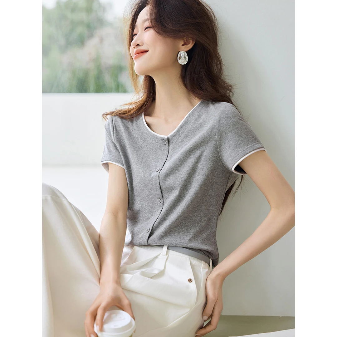 沫晗依美休闲撞色拼接针织衬衫女2025夏简约百搭显瘦多色短袖T恤