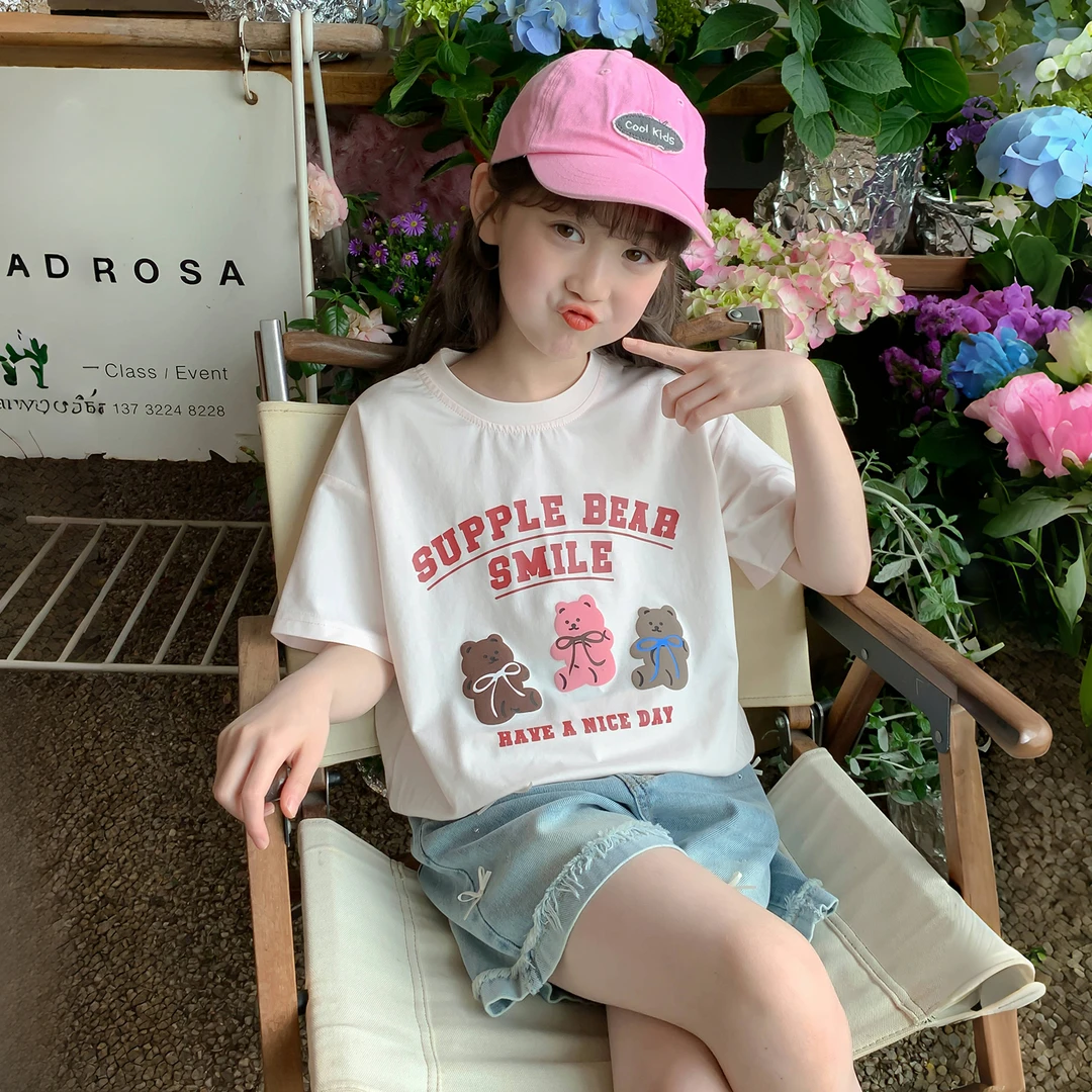 女童t恤短袖夏款2025新款百搭女孩字母多色小熊短袖T恤Q13203