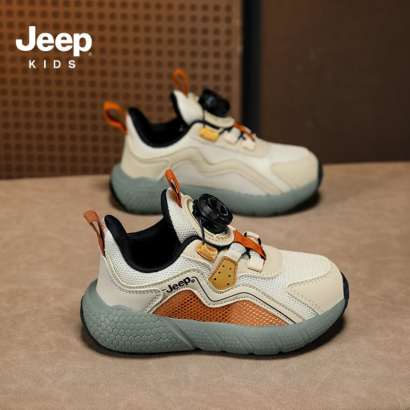 jeep儿童鞋子耐磨跑鞋秋季女童纽扣鞋透气跑步白色运动鞋男童轻便
