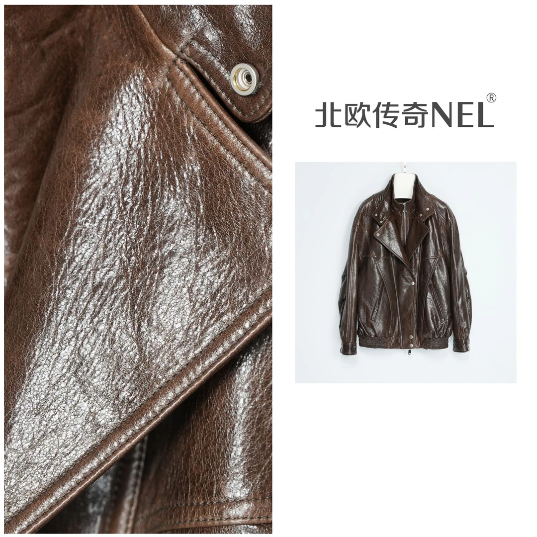 北欧传奇 美拉德棕色皮衣外套女2025流行小个子美式复古夹克7519
