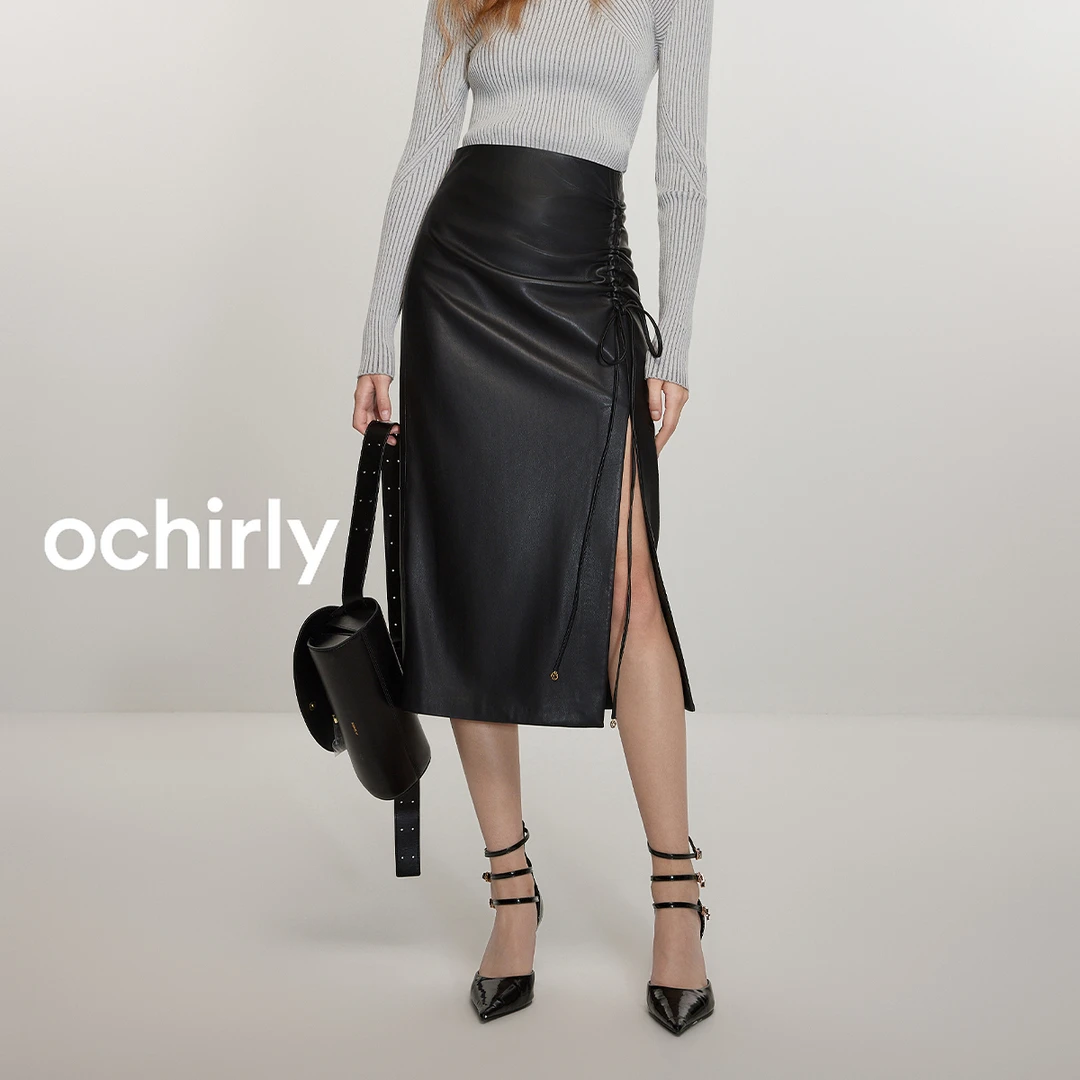 ochirly欧时力 高腰PU皮半身裙新款中长款褶皱抽绳开衩