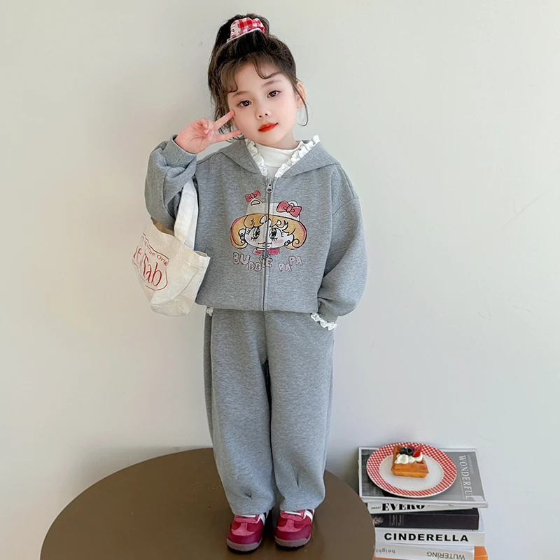 女童2025秋季新款洋气时尚儿童可爱风美少女绣花花边连帽外套套装