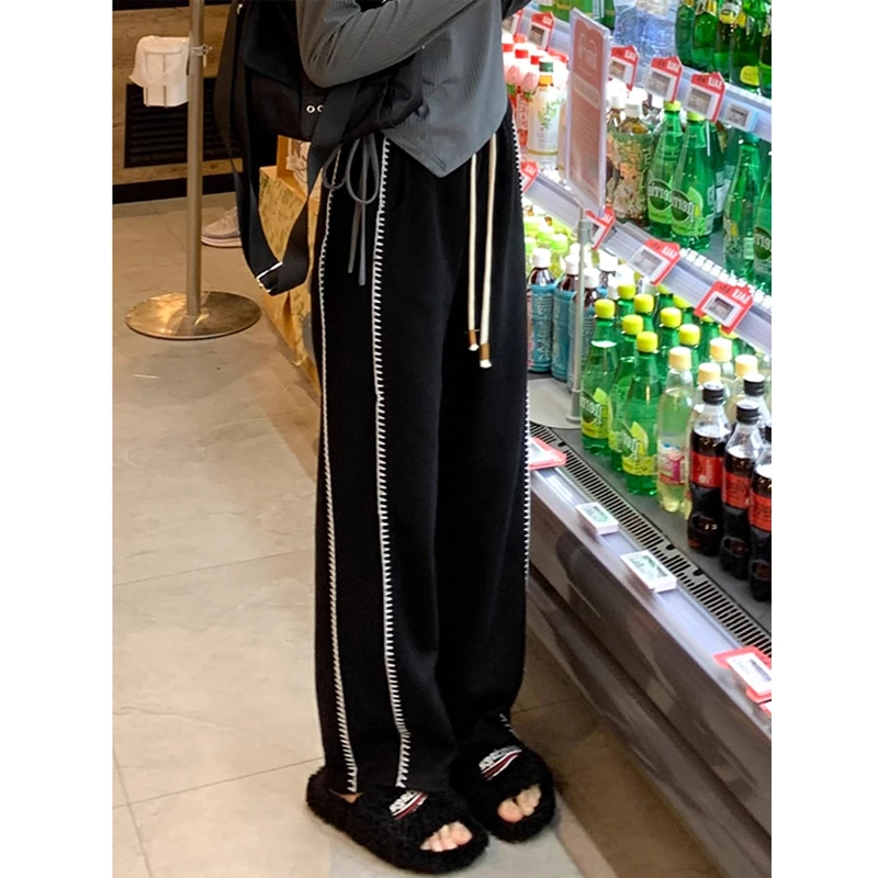黑色条纹拼接休闲裤女秋季新款胖mm高腰宽松显瘦百搭垂感阔腿裤子