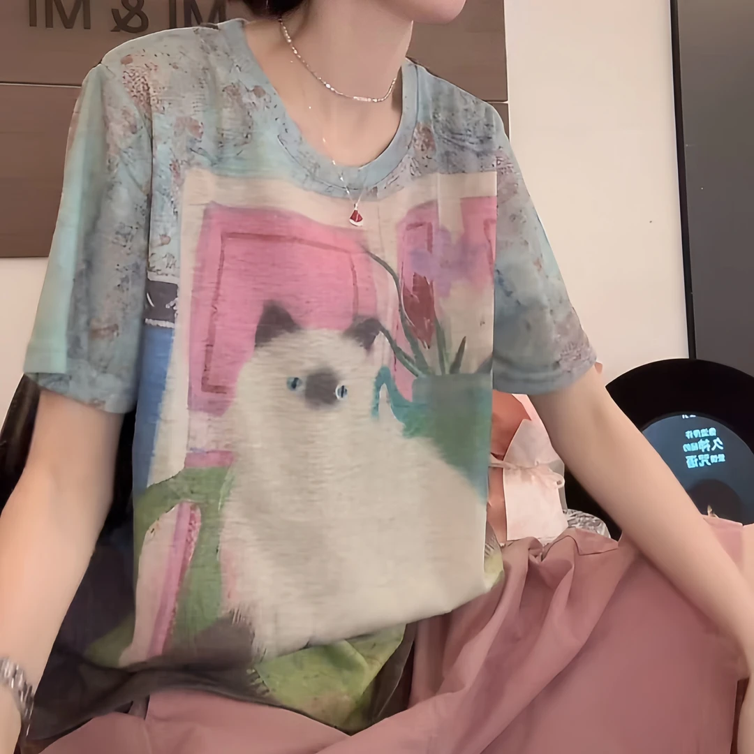 猫咪印花复古油画风圆领短袖T恤透气夏季洋气百搭设计感上衣ins潮