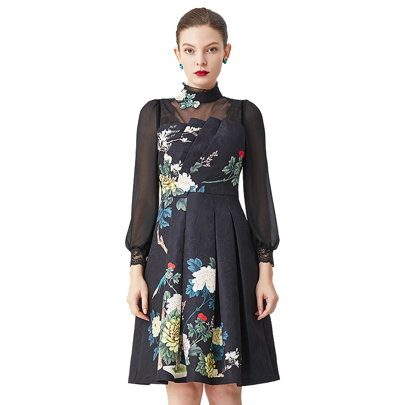 SUSSI/古色25春夏商场同款黑色显瘦显瘦高级感绣花连衣裙女