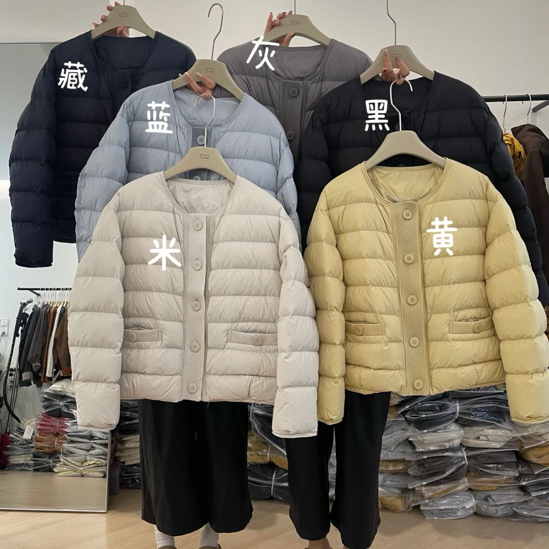 新国标90白鸭绒韩版圆领拼接针织羽绒服27601
