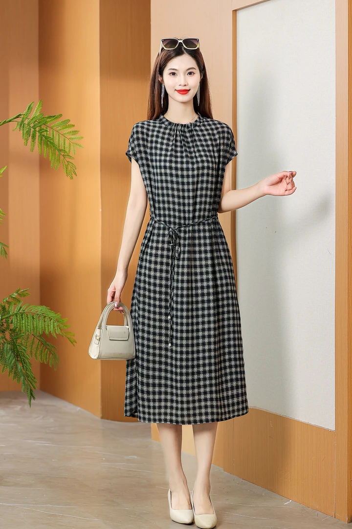 【优雅格纹】T1264气质时尚休闲女士夏季印花连衣裙女装气质时尚