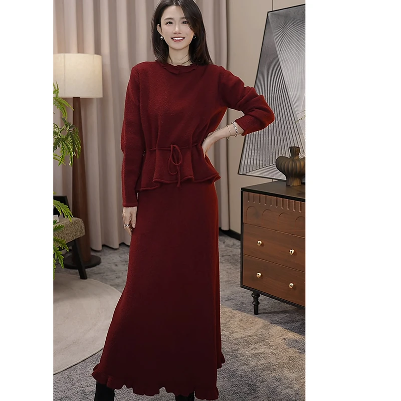 nuobeiyin/诺贝因冬季新年红针织上衣半身裙百搭两件套装 NDG9116