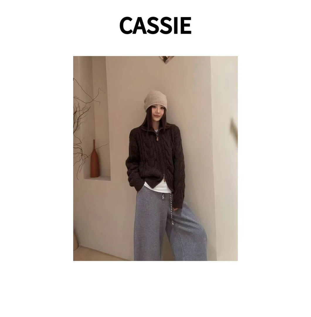 CASSIE冬日慵懒保暖麻花超厚毛衣外套女秋冬双拉链高领毛绒开衫