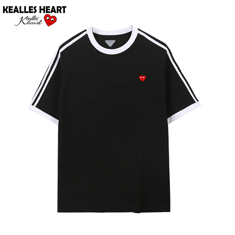 卡洛斯桃心三条杠短袖T恤爱心印花短袖纯棉圆领宽松情侣款