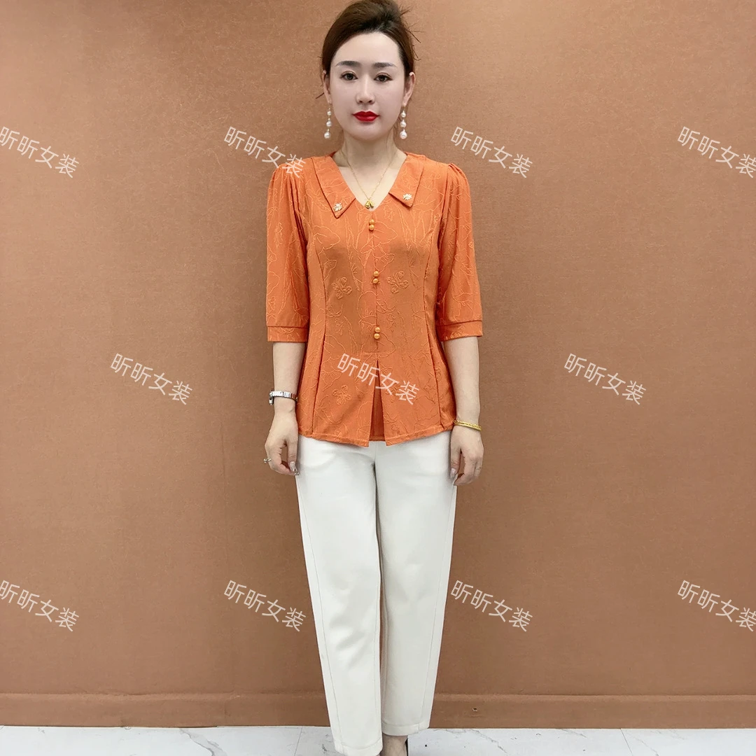 2025年新款女士春季七分袖翻领妈妈装中老年夏季汗衫洋气显瘦中袖