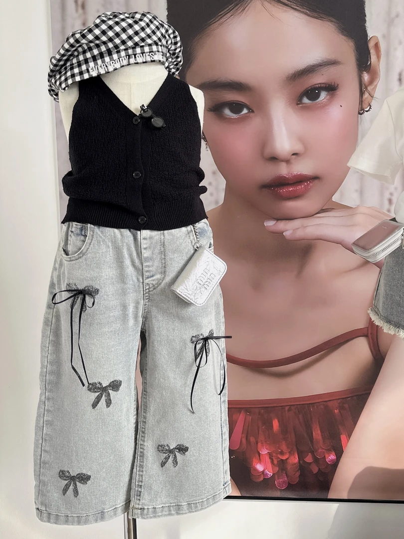 小粉象 ·2025女童夏季新款韩版百搭背心上衣蝴蝶结阔腿牛仔裤套装