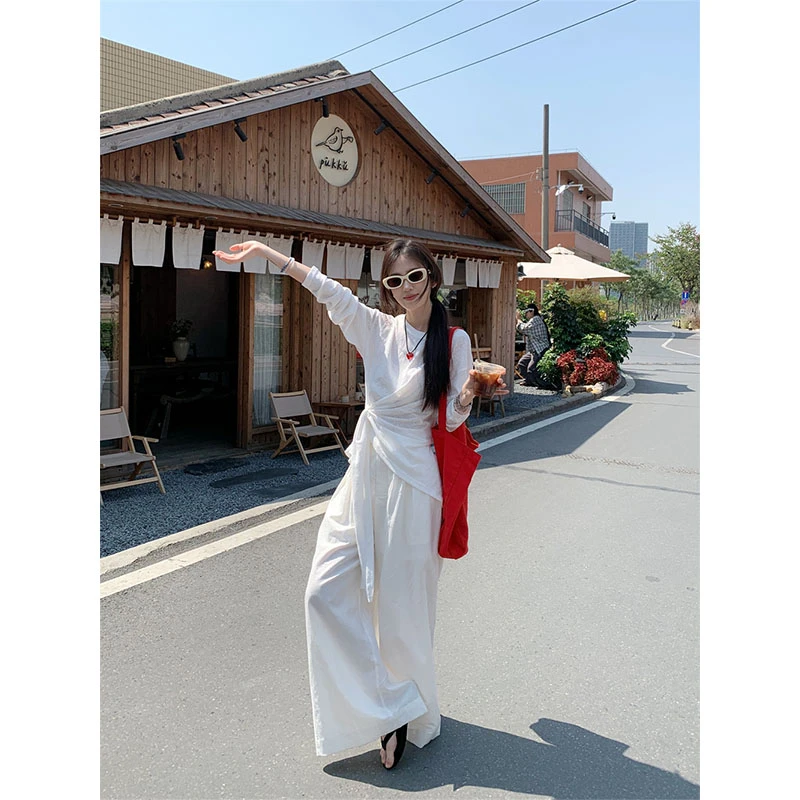 夏季新款休闲微透薄款宽松绑带慵懒长上衣百搭直筒宽松白色阔腿裤