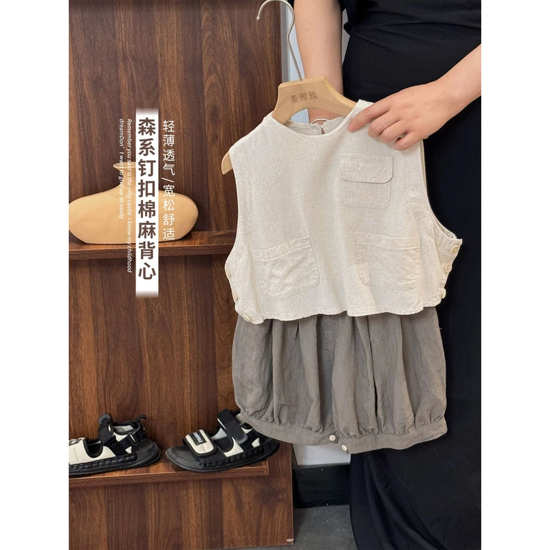 美雅雅《夏上新》森系棉麻男女童T轻薄背心新款韩版无袖衫25XL1014