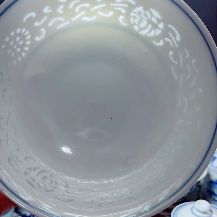 青花玲珑7寸面碗满雕双福双线