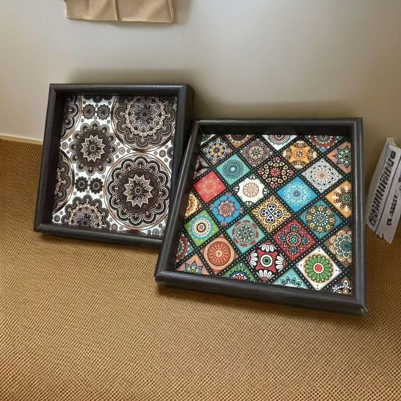 【两个装】波西米亚正方形民族风托盘茶盘桌面摆件置物盘