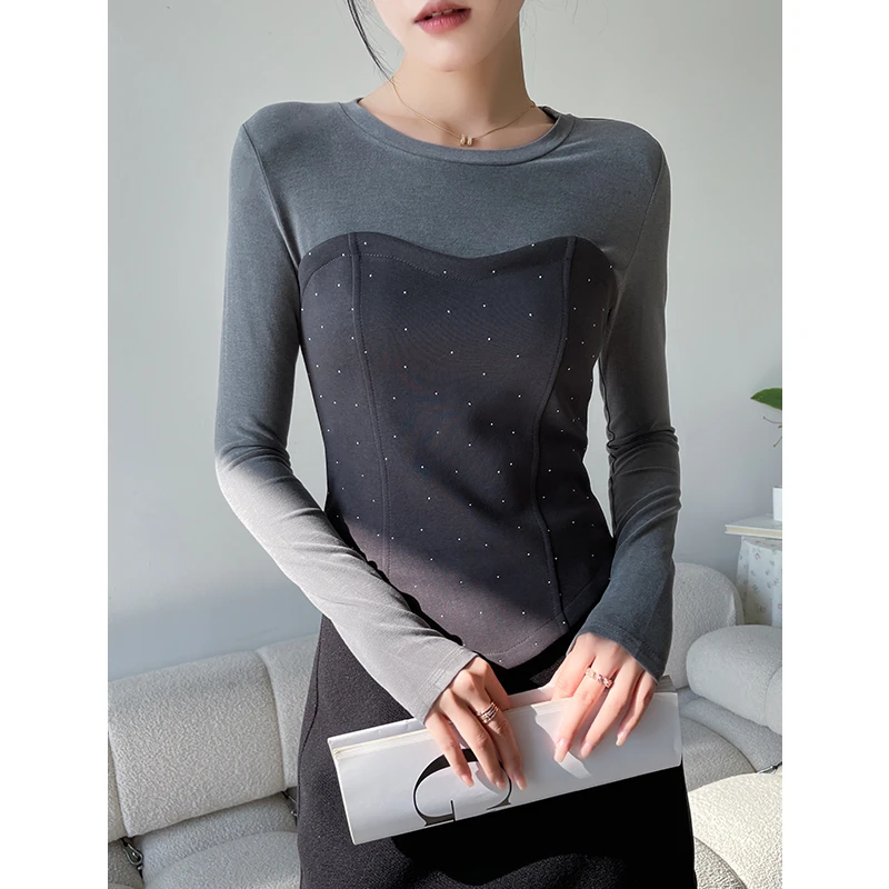 叠穿假两件大码女装打底衫2024新款秋冬季胖妹妹烫钻外穿长袖T恤