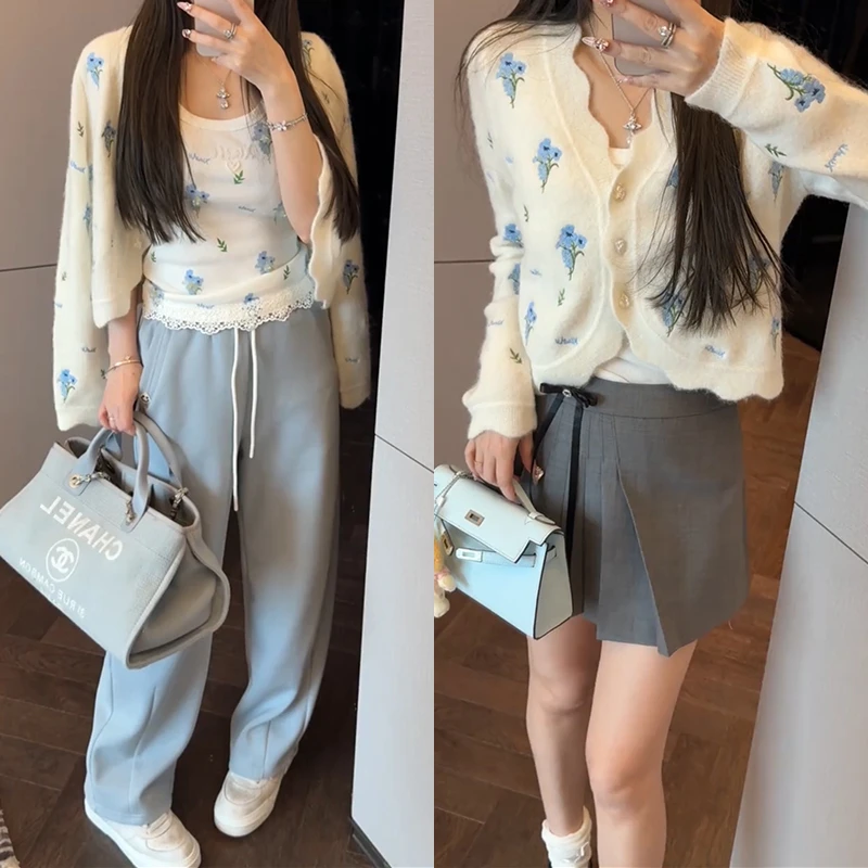 【mimius】&B游鹿鹿 小清新法式碎花刺绣V领针织衫+背心 G02162