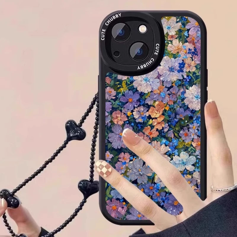 艳丽花朵适用苹果16promax手机壳油画iphone15promax带手链保护壳