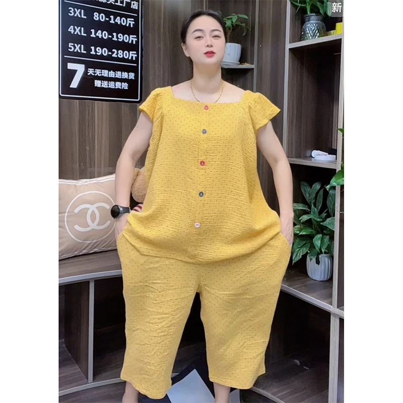 2025夏季大码纯棉纱布睡衣女薄款印花短袖家居服胖mm韩版宽松套装