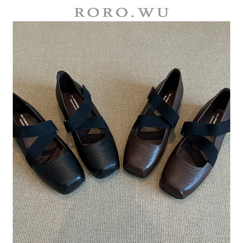 娆娆吴·羊皮交叉松紧带法式复古浅口芭蕾舞方头日常单鞋A191