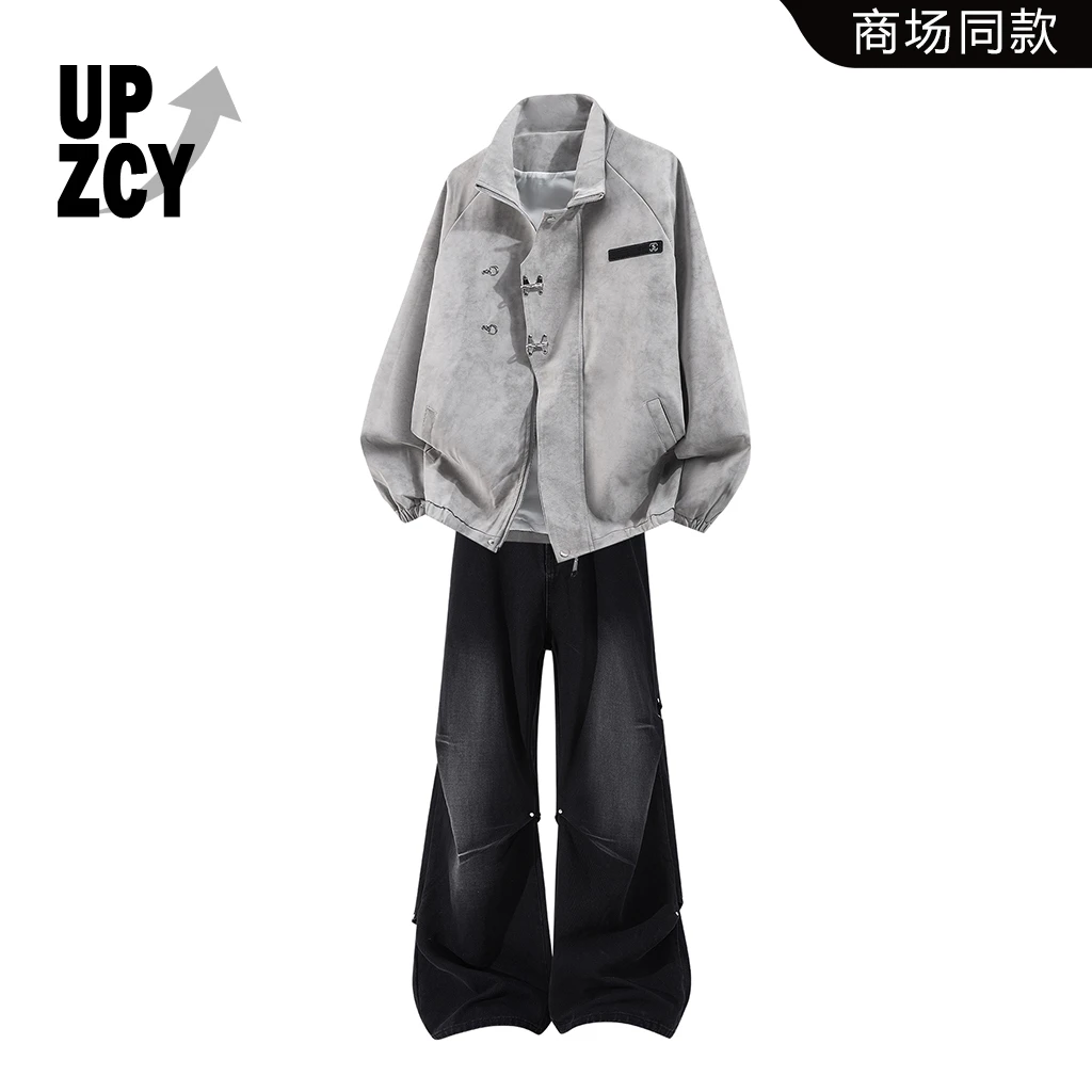 UPZCY美式复古扎染PU皮夹克套装男秋冬痞帅牛仔裤两件套轻奢男装