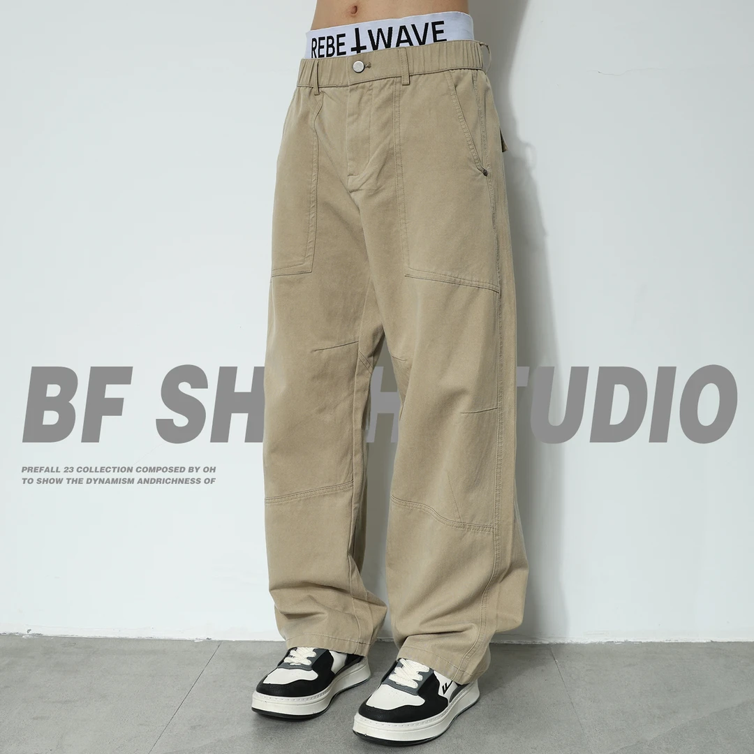 秋季2025美式休闲裤男士莱赛尔美式宽松直筒复古松紧腰伐木工装裤