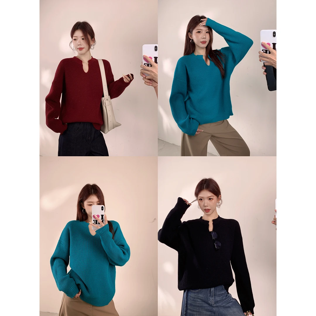 甜辣多多【格物志】华夫格毛衣2025年秋冬宽松显瘦套头长袖针织毛衣