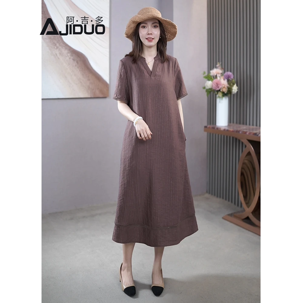 阿吉多A21383夏季新款短袖提花连衣裙宽松复古洋气设计感女装裙子