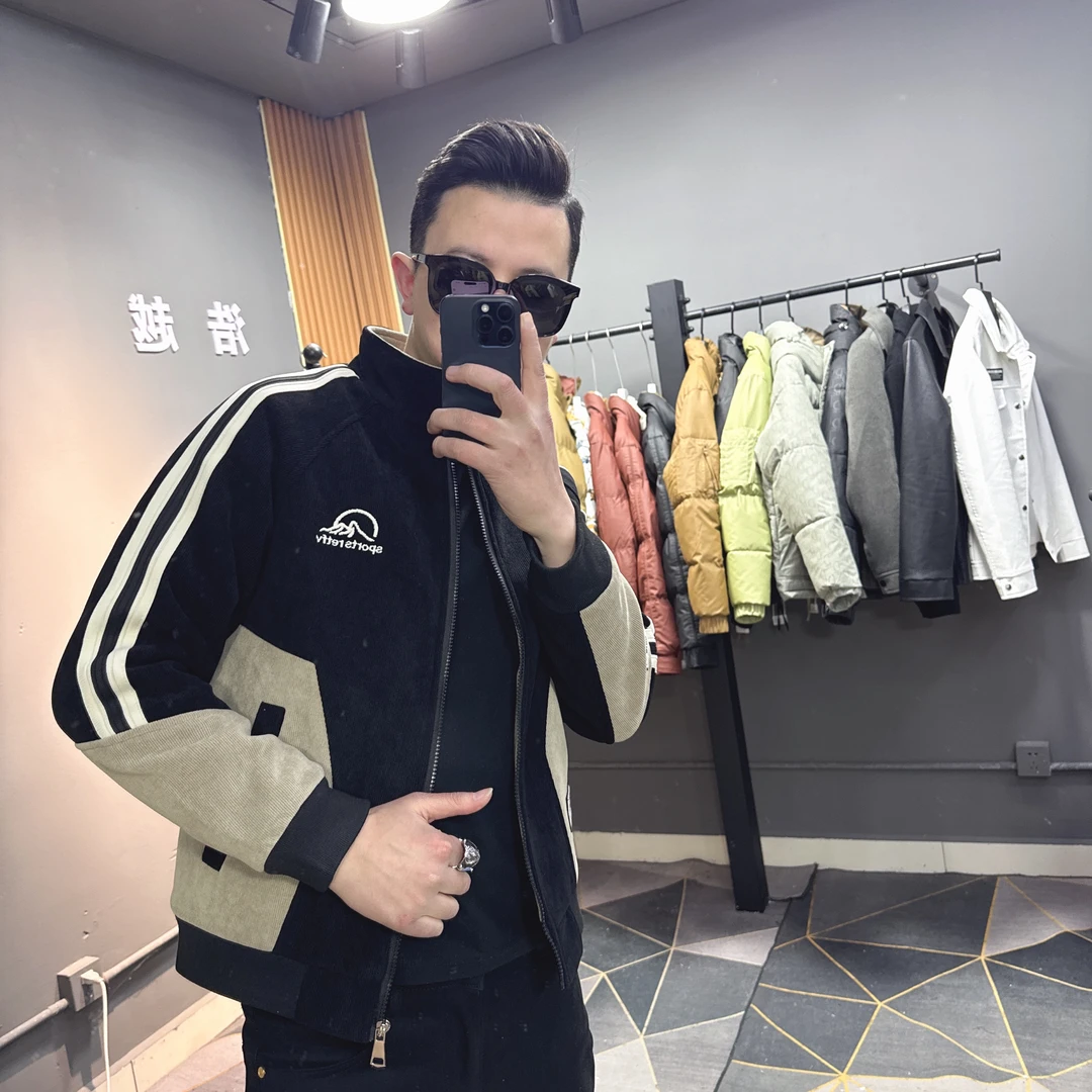 短款男士字母保暖加绒加厚夹克外套立领休闲冬季潮流条纹百搭男装