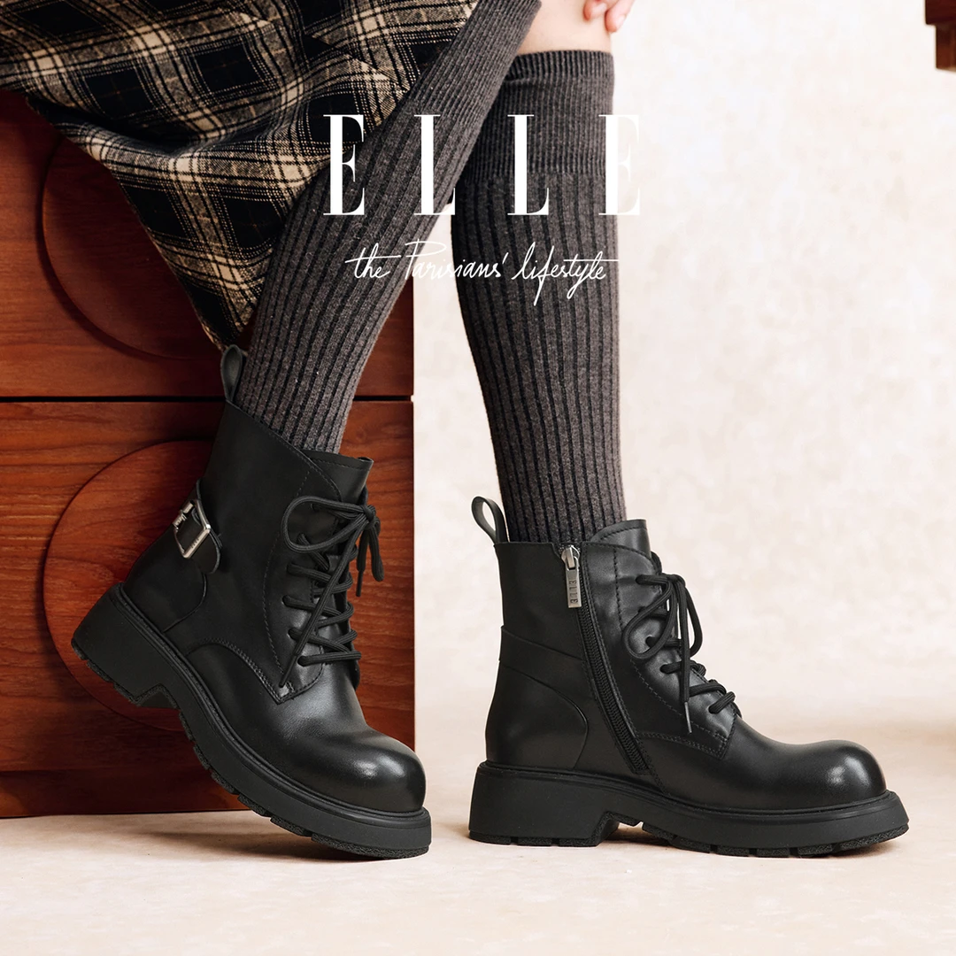 ELLE琥珀流光厚底马丁靴女2025冬季新款英伦风黑色靴子都市时装靴